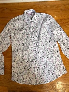 Men's White Print Button-Down Shirt - Purple & Black Cat Musician Pattern